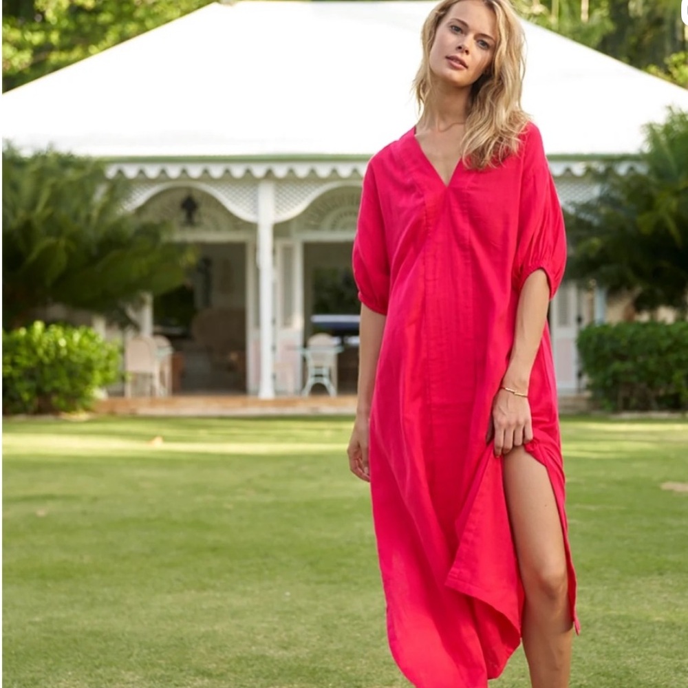 LAKE Fuchsia Pink Cotton Gauze Caftan House Dress Size XL